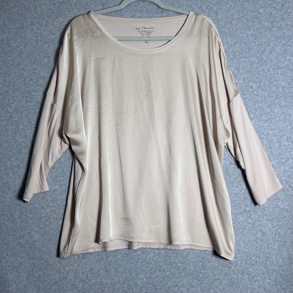 Chico's Mixed Media Top Womens 3 Soft Pink Dolman Sleeve Quiet Luxury lagenlook